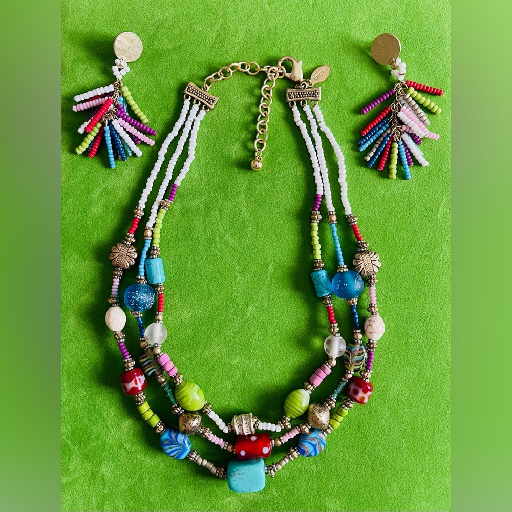 Chicos Colorful Beaded Necklace and Earring Set